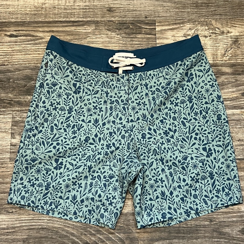 Taylor Stitch Teal and Navy Floral Print Swim Board Shorts